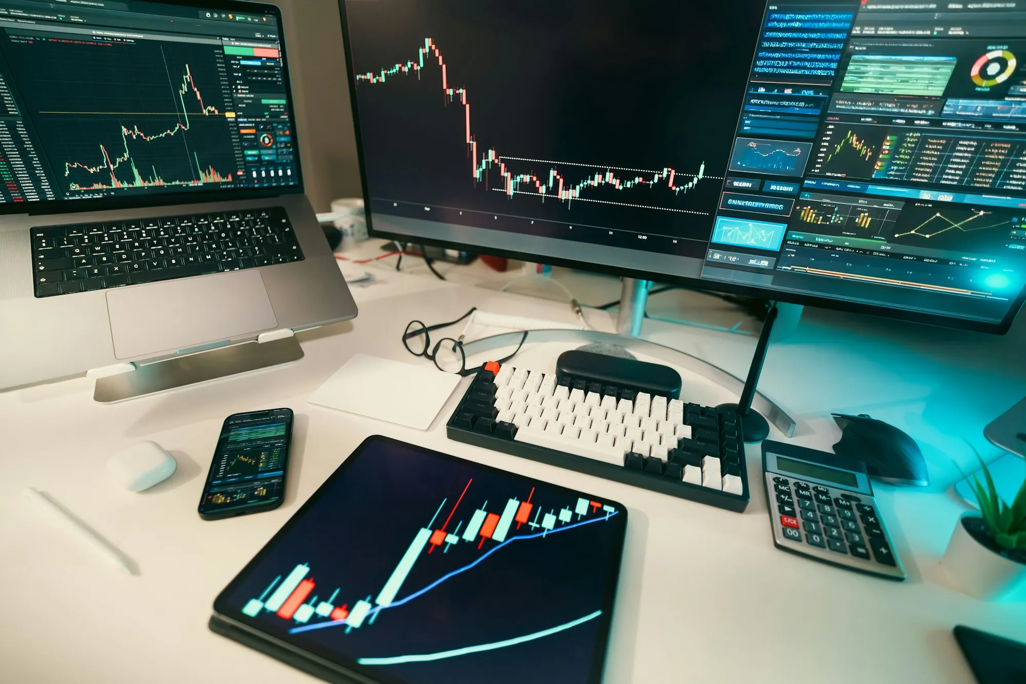Un bureau de trader couvert d'écrans : ordinateur portable, grand moniteur, tablette et téléphone affichant des graphiques en chandeliers